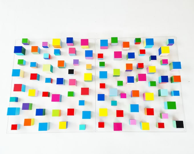 60" x 34" artwork with pop color wood cubes with resin finish. Game-room Cube wall decor Large art. 3d art Modern and bold wall art. ©
