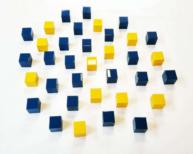 Pack of hand painted medium size cubes. Blue and yellow.  Shiny epoxy resin front face. Choose the number of Self install wall art cubes ©
