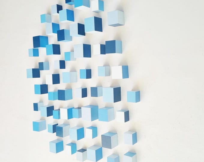 Wood wall art, wall cubes, large wall art, geometric cubes in different shades of blue. You can choose the number of wood cubes and sizes