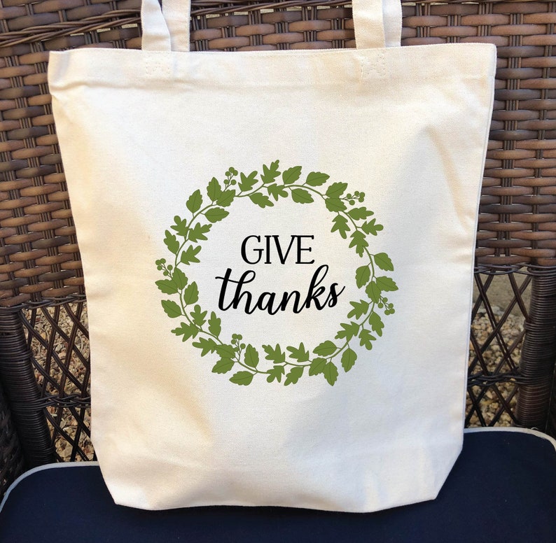 Hand Painted Custom Canvas Market Bag Tote Give Thanks in Laurel Wreath