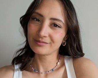 Bubblegum Colorful Pearl Beaded Necklace, Y2K Handmade Choker, Mother of Pearl Jewelry, Summer Necklace Gift for Her