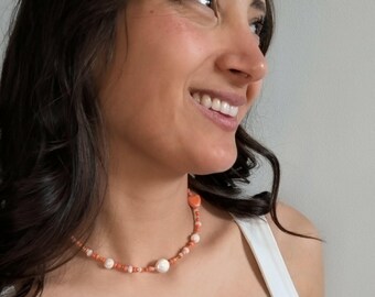 Orange Creamsicle Colorful Pearl Beaded Necklace, Y2K Handmade Choker, Mother of Pearl Jewelry, Summer Necklace Gift for Her