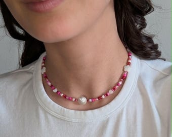 Galentines Colorful Pearl Beaded Necklace, Y2K Handmade Choker, Mother of Pearl Jewelry, Summer Necklace Gift for Her