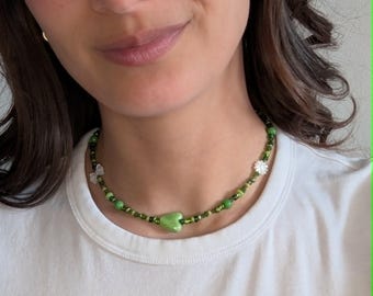 Green Colorful Pearl Beaded Necklace, Y2K Handmade Choker, Mother of Pearl Jewelry, Summer Necklace Gift for Her