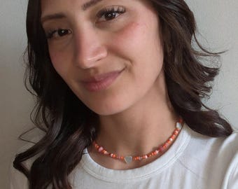 Peach Colorful Pearl Beaded Necklace, Y2K Handmade Choker, Mother of Pearl Jewelry, Summer Necklace Gift for Her