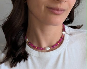 Bulky Pink Colorful Pearl Beaded Necklace, Y2K Handmade Choker, Mother of Pearl Jewelry, Summer Necklace Gift for Her