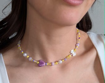 Lavender Lemonade Colorful Pearl Beaded Necklace, Y2K Handmade Choker, Mother of Pearl Jewelry, Summer Necklace Gift for Her