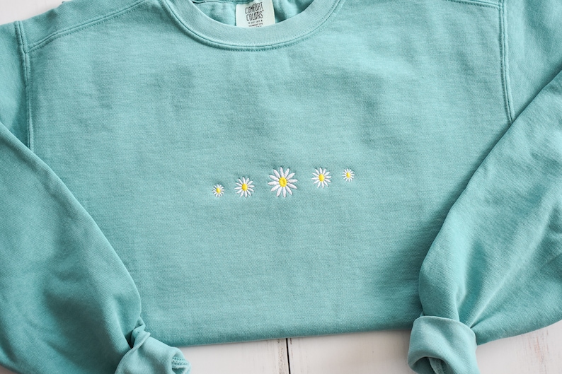 Embroidered Floral Daisy Sweatshirt Light Green Crewneck Chambray Seafoam Comfort Colors Embroidered Sweatshirt image 3