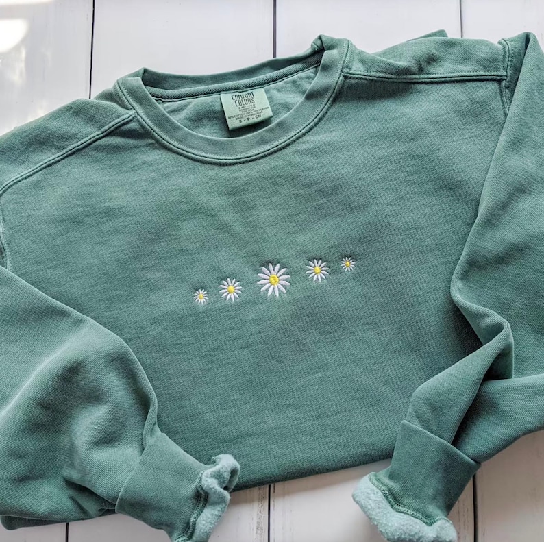 Embroidered Floral Daisy Sweatshirt Light Green Crewneck Chambray Seafoam Comfort Colors Embroidered Sweatshirt image 1