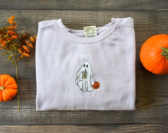 Ghost with Coffee Sweatshirt | Orchid Comfort Colors Crew-neck