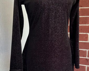 Sparkly Crystal True Black Bodycon Midi Dress UK 14 Long Sleeve Party Dress Y2K Clubwear Cocktail Dress Glam Evening Dress