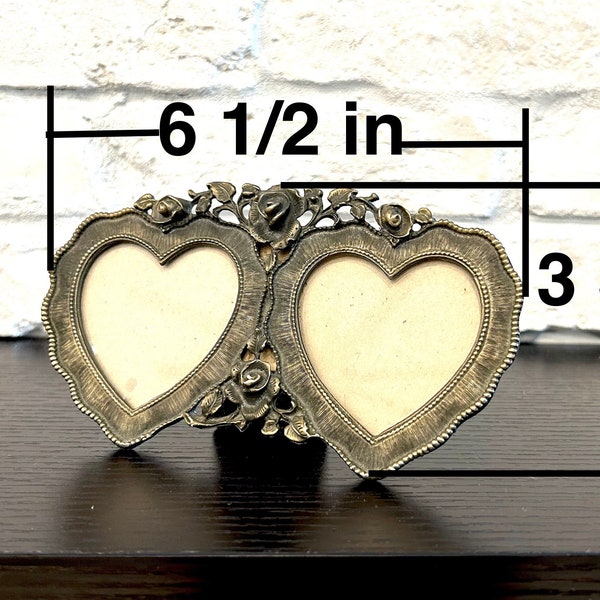 Lovely bronze double HEARTS roses small picture frame 2"x2.5" - Made in Taiwan - Wedding pictures frame - Parents photo holder