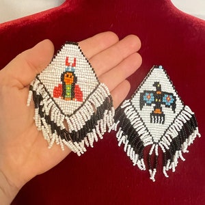 Lovely Native Indian American beaded ART w/Fringe ~ Beadwork Seed Bead necklaces or earrings ~ Indian Beaded Necklace pendant - Thunderbird