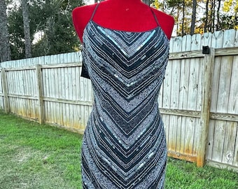 Exquisite Scala Silk Beaded Cocktail Dress 100% Silk Black Silver Sequin Hand Embellished NWT size M Evening Party Gatsby Style  India
