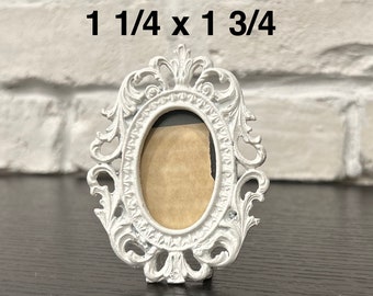 Lovely white ornate miniature Oval picture frame 1 1/4" x 1 3/4" - Metal enameled desk portrait tiny photo frame - Wedding desk pictures