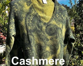 Suéter de punto suave y lujoso con cuello en V de Tweeds, 100 % cachemira, talla L, estilo vintage, cachemira verde, como nuevo.