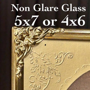 Vintage Gold ornate picture frame - 5"x7" Embossed Gold metal NON GLARE GLASS photo frame-Embossed mat for oval photo 4"x6"