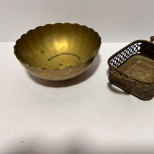 Antique Brass Bowl& Mini Tray SET Openwork Serving Tray with Ornate Handles – Korean Antique Handmade Carved Brass Bowl Leonard- Aged Patina
