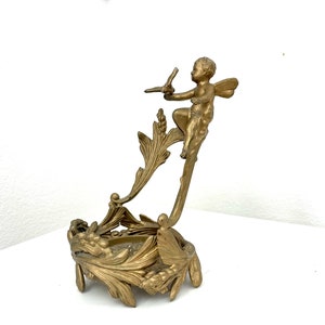 Lovely gilded pewter /Brass Cherub Angel Vase / Candle Holder Base only -  Victorian Vanity Decor Cherub with pigeon