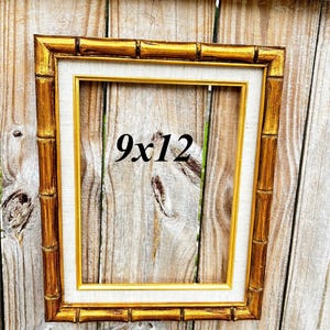 Vintage Gold Bamboo Picture Frame 9x12 with Linen Liner - Hollywood Regency Boho Decor