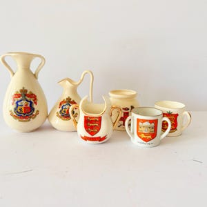 Antique Crested China 6 English Miniature Lot – Heraldic Shields Gold Trim Early 20th Century Souvenir Pottery Armorial Ware Collection