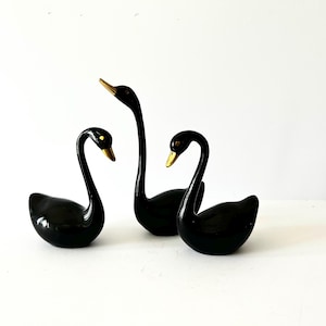 Vintage Painted Brass Swan Figurines Set of 3 Glossy Black Enamel/Gold Mid Century Timeless Decor Solid Brass Elegant Bird Statues Trio