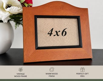 Vintage Wood Picture Frame 4"x6" Cherry Wood Photo Frame Wavy Top Tabletop Frame, Rustic Farmhouse Decor Small Wooden Picture Frame