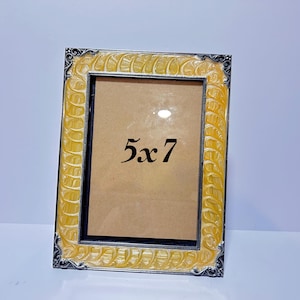 Vintage Yellow Enamel Picture Frame: Ornate Silver Corners, Velvet Back, 5x7