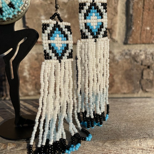 Art Deco Blue White Black Native American fringed seed beads earrings shops - Long earrings - Handmade Jewelry