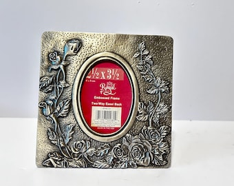 Vintage Pewter Rose Photo Frame: Embossed Floral Decor, 2.5x3.5