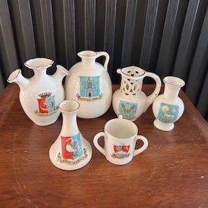 Vintage English Crested China Miniatures: Souvenir Jugs & Vases SET