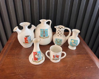 Vintage English Crested China Miniatures: Souvenir Jugs & Vases SET