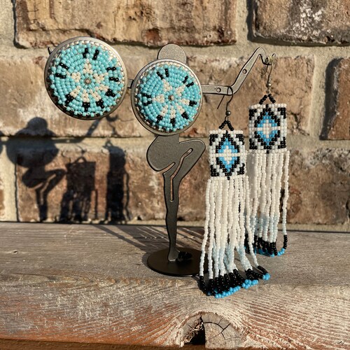 Art Deco Blue White Black Native American fringed seed beads earrings shops - Long earrings - Handmade Jewelry