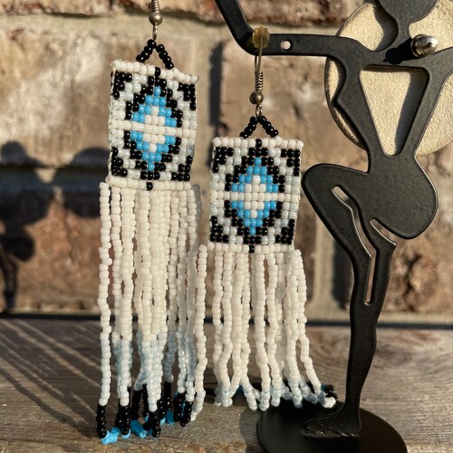 Art Deco Blue White Black Native American fringed seed beads earrings shops - Long earrings - Handmade Jewelry