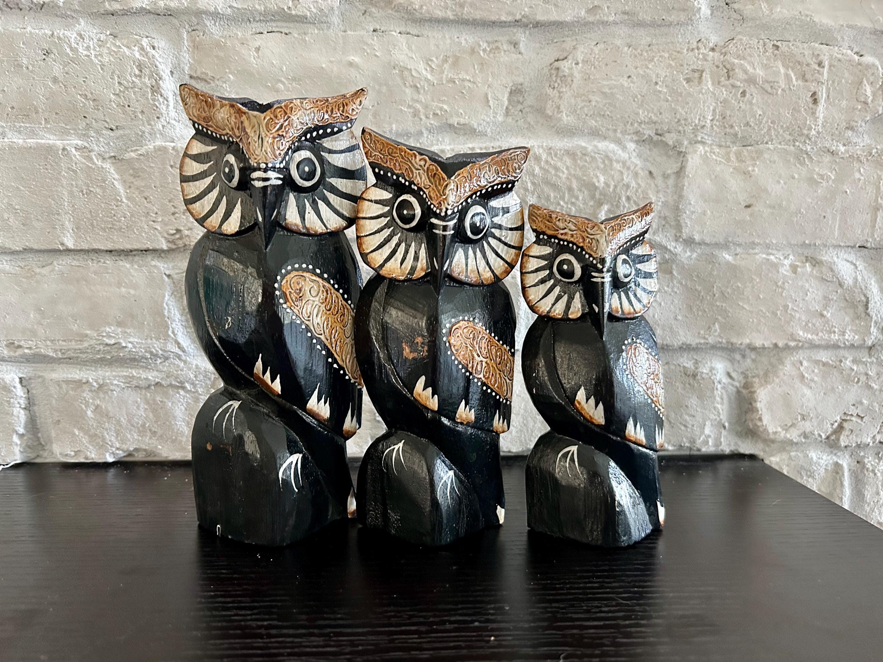 Hand Carved Wooden Owl Family Figurines Set  Black Folk Art Owls Home Decor Vintage Style Carved Bir