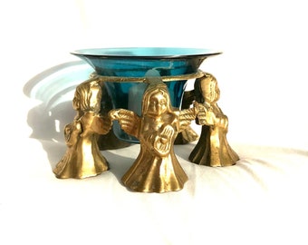 Lovely Angels Brass Base Stand Round Candle Holder Base - Bowl Support - Angel Playing Guitar Musical - Blue candle votive