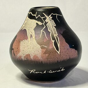 Vintage Southwestern Art Pottery Vase Signed Rock-Dwit Buffalo Bison Native American Desert Scene Handmade Ceramic Decor