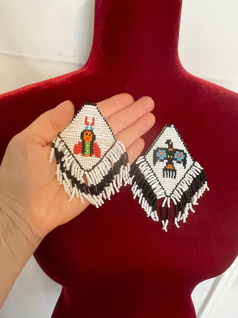 Lovely Native Indian American beaded ART w/Fringe ~ Beadwork Seed Bead necklaces or earrings ~ Indian Beaded Necklace pendant - Thunderbird