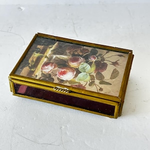 Vintage ENESCO stained Glass Brass Trinket Box Purple Glass Roses design – Small Hinged Keepsake Jewelry Box - Purple Collectable Glass