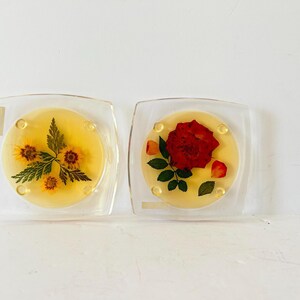 Pair of Vintage Resin Flower Coasters | Pressed Daisy & Rose, Clear Lucite Drink Coasters or Sun-Catcher Art, 3.5″ Square