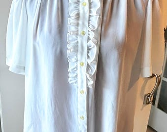 Vintage Victorian Ruffle Blouse: High Neck Short Sleeve Top, Size 14