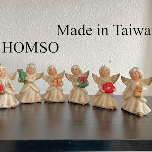 Vintage HOMSO Angel Ornaments – Set of 6 – Made in Taiwan – Holiday Christmas Tree Decorations – Resin Figurines with Gifts