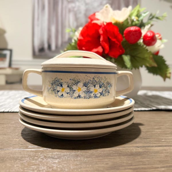 Ensemble de soupières en verre trempé Lenox bleu délicat floral : grès floral, vintage fabriqué aux États-Unis