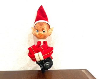 Lovely Knee Hugger Elf 6", Vintage Ornament - Pixie, Pointed Ears-Shelf Sitter - Red White Suit - Big Blue Eyes - Japan, Circa 1950s