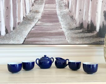 Rare Vintage COLOREX Cobalt Blue Tea Cup Set of 6: Ribbed Glass