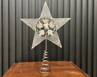 Lovely Capiz Shell / Pearls silver Star Christmas Topper  10in STAR ornate tree topper Spiral base Dazzles - Seasonal and festive