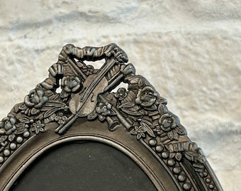 Vintage Pewter Oval Picture Frame: Roses & Violin, French Style, 1990