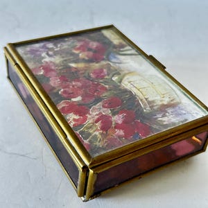 Vintage ENESCO stained Glass Brass Trinket Box Purple Glass TULIPS design – Small Hinged Keepsake Jewelry Box - Purple Collectable Glass
