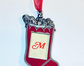 Vintage Christmas Stocking Photo Frame Ornament Red Enamel Holiday Picture Frame Ornament Hanging Christmas Decor