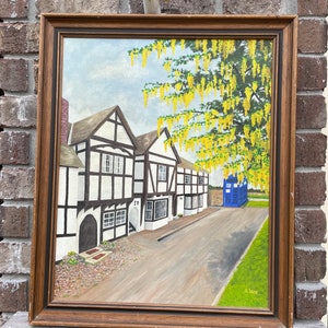 Vintage English Countryside original Oil Painting by G.Long 19&quot;x23&quot; - Police blue phone box - public telephone kiosk - Yellow mimosa Flowers